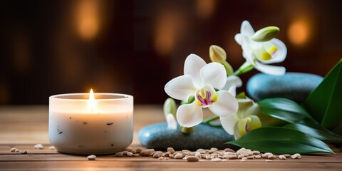 Spa still life concept,Close up of spa theme on wood background with burning candle and bamboo leaf and flower,top view