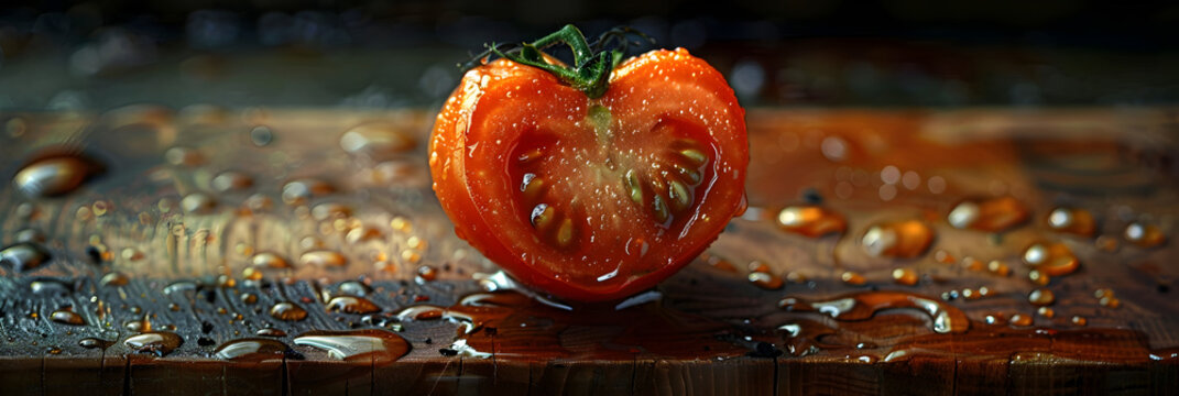 Tomato hit by splashes of water with black blur baA close up of a red pepper with water droplets on itckground,