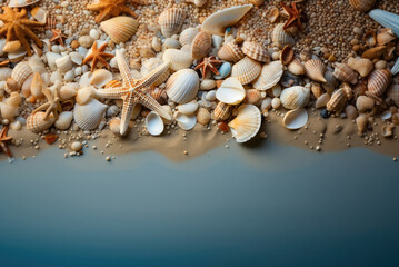 Sea sand with starfish and seashells with copy space