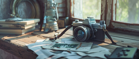 Vintage camera on a rustic desk setting, evoking nostalgia.