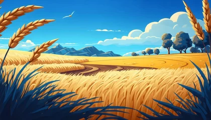 Ingelijste posters Scenic countryside view of wheat field, bird flying, trees, and mountains on a sunny day © CraftyStarVisual