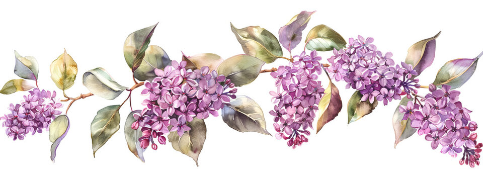 Watercolor spring lilac frame on white background.