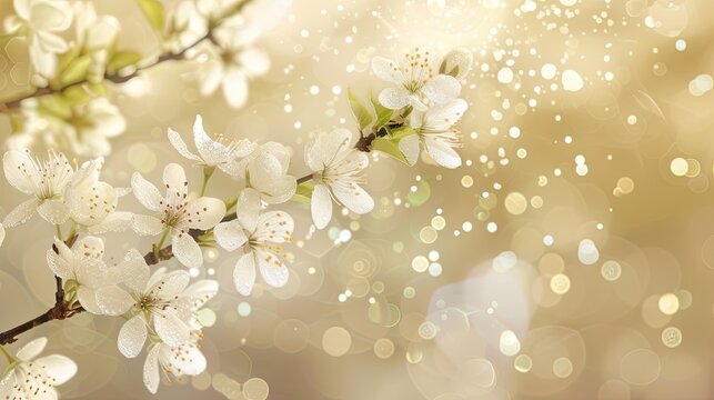 branch with spring white flowers on white background with glitter and bokeh, grainy gradient, delicate background, copy spase, postcard