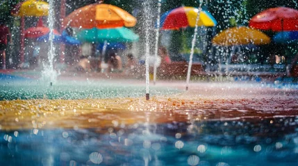 Foto op Canvas Colorful splash pad filled with water jets and sprinklers, offering refreshing fun on a hot summer day. © irfana
