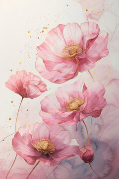 Fototapeta Watercolor spring pink and glod flowers