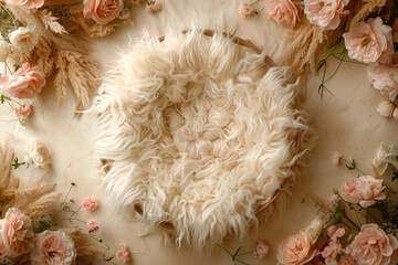 Newborn Floral digital backdrop. Moses basket, fur nest, featherbed, fluffy bed, crib. Background for Montage in Newborn Photography.