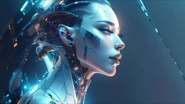 Side view of cyborg woman on blue background, futuristic soldier in cyberpunk costume with neon lights. Robots and technology concept