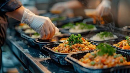 Obraz premium Chef Garnishing Meals in Takeout Containers for Service