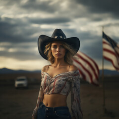 Portrait of a girl in a cowboy hat, embodying the spirit of an American patriot