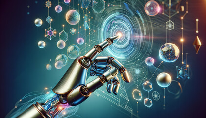 Futuristic robotic hand creating holographic design interface with geometric shapes and serene backdrop.