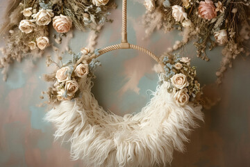 Newborn Floral digital backdrop. Moses basket, fur nest, featherbed, fluffy bed. Boho. Background for Montage in Newborn Photography.