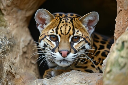 Ocelote leopardo observando desde la cueva