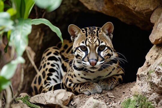 Ocelote descansando en su refugio natural