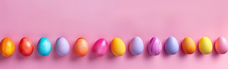 Obraz premium Banner colorful easter eggs on pink background, minimalist easter background, design, with copy space