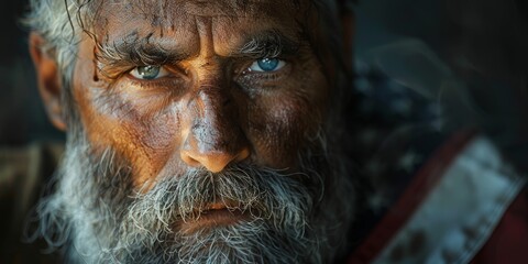 An aging man with piercing blue eyes stares directly into the camera, his weathered skin and prominent wrinkles telling a story of a life well-lived