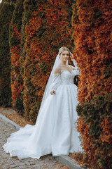 Wedding portrait. Blonde bride in a lace dress with open shoulders, posing against the background of trees in nature. Beautiful hair and makeup. Autumn. Daylight. celebration.