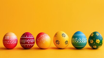 Banner colorful easter eggs with patterns on yellow background with glitter, minimalist easter background, design, with copy space