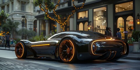 A sleek and powerful black sports car roars down the road, its orange lights illuminating the night as it exudes luxury and speed