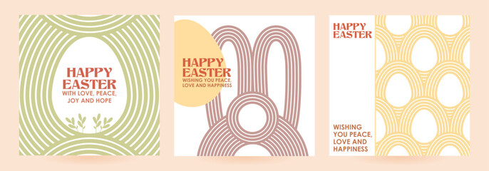 Collection of square greeting cards for Happy Easter. Set postcard retro groovy boho style. Arches and waves. Calligraphy, Easter eggs, rabbit. Vector illustration for social media - obrazy, fototapety, plakaty