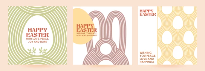 Fotobehang Collection of square greeting cards for Happy Easter. Set postcard retro groovy boho style. Arches and waves. Calligraphy, Easter eggs, rabbit. Vector illustration for social media © yatsan lee
