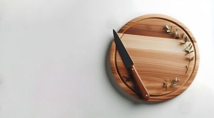 empty clean round circle wood cutting chopping board on white plain background isolated kitchen table with chef knife wooden handle top view angle shot spoon, fork and cooking garlic vegetable items - Powered by Adobe