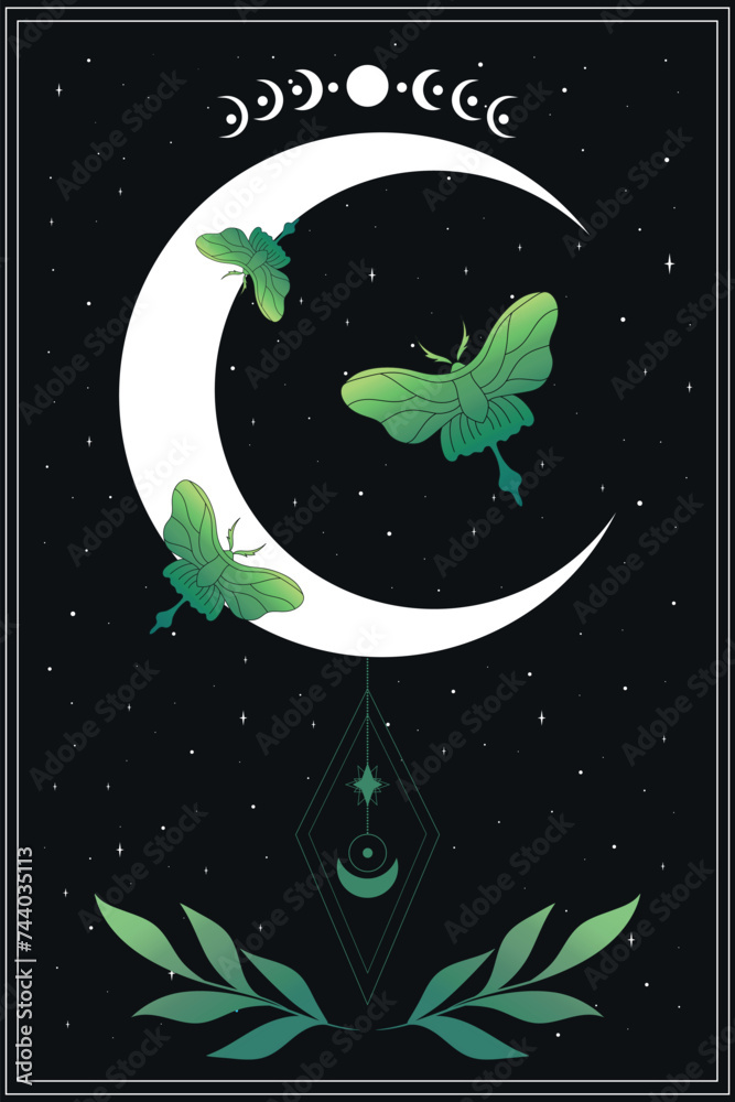 Wall mural Celestial background with green butterflies, stars and crescent moon. Vector illustration