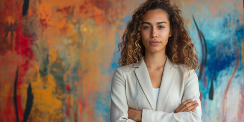 A confident young female entrepreneur in front of a colorful background. Generative AI