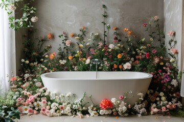 Fototapeta na wymiar Bathroom with a bathtub filled with different flowers creating romantic relaxing atmosphere in spa salon, body care and mental health routine concept, flower show