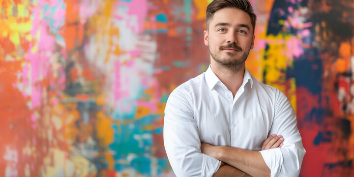 A confident young male entrepreneur in front of a colorful background. Generative AI