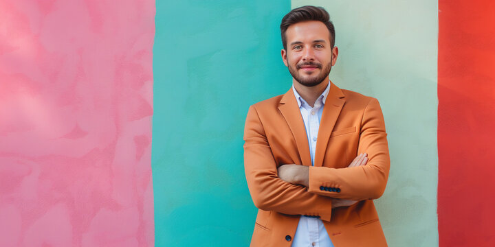 A confident young male entrepreneur in front of a colorful background. Generative AI