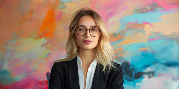 A confident young female entrepreneur in front of a colorful background. Generative AI