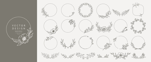 Elegant minimal style floral circle frame. Hand drawn botanical round borders and wreaths with branches, leaves and flowers in line art. Vector isolated set for wedding invitation, card, logo design - obrazy, fototapety, plakaty