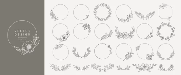 Fotobehang Elegant minimal style floral circle frame. Hand drawn botanical round borders and wreaths with branches, leaves and flowers in line art. Vector isolated set for wedding invitation, card, logo design © Feodora_21