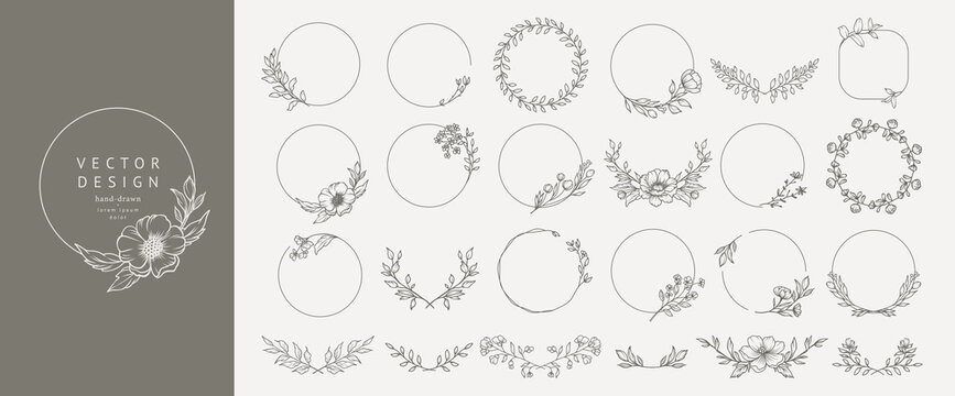 Elegant minimal style floral circle frame. Hand drawn botanical round borders and wreaths with branches, leaves and flowers in line art. Vector isolated set for wedding invitation, card, logo design