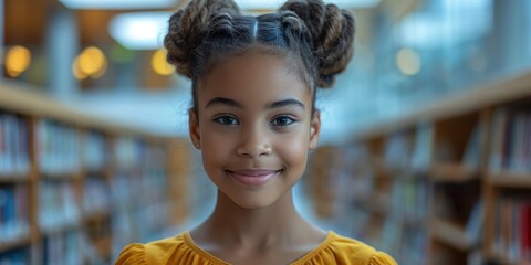 A young woman with a contagious smile stands in a public library, surrounded by shelves of books, her two buns adding a playful touch to her studious appearance