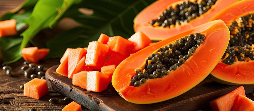 A close-up view of a cutting board topped with freshly cut papaya pieces ready to be enjoyed.