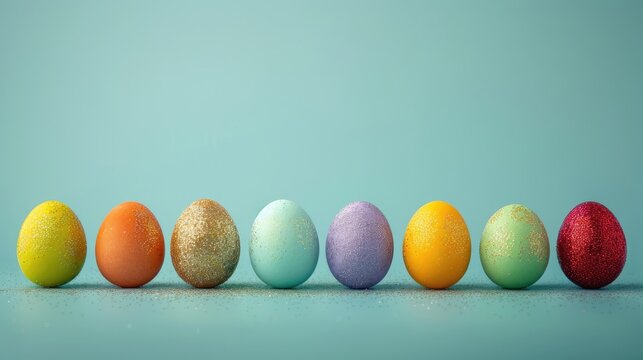 Banner colorful easter eggs on blue mint background, minimalist easter background, design, with copy space