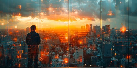 As the sun sets over the bustling city, a lone figure gazes out from a towering skyscraper, lost in thought among the swirling clouds and endless buildings of the urban landscape - obrazy, fototapety, plakaty