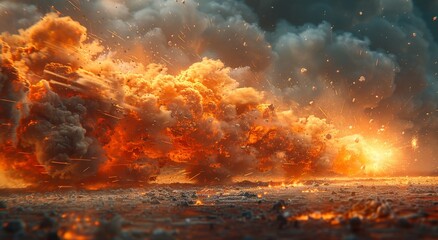 A fiery explosion scorches the outdoor landscape, enveloping it in a cloud of smoke and pollution, leaving behind only traces of heat and destruction - obrazy, fototapety, plakaty