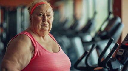 Fototapeta na wymiar An overweight mature elderly middle aged woman stands with her back in the gym preparing to play sports, the concept of an active life in old age, taking care of the body