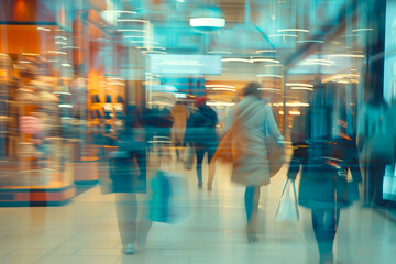 Long exposure motion-blurred photograph capturing the hustle and bustle of shoppers in a vibrant mall
