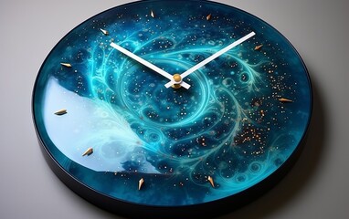 Epoxy resin clock mimics the cosmic dance of galaxies and stars.