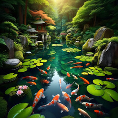 Japanese garden serene koi orange white fish swimming on water stone rock tranquil pond beside with lily pads sunset time nature colorful vibrant green style background tree flower quiet calm place
