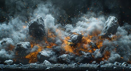 Amidst the peaceful beauty of nature, a fiery explosion of pollution and smoke consumes a pile of rocks, destroying the balance of the outdoor world - obrazy, fototapety, plakaty