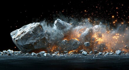 A mysterious and captivating scene of a rock and smoke engulfed in sparks and smoke, illuminated by the darkness of the night and surrounded by the calming presence of water - obrazy, fototapety, plakaty