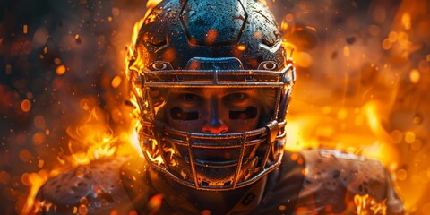 A man donning a fire-engulfed helmet prepares to tackle life's obstacles with fierce determination - obrazy, fototapety, plakaty
