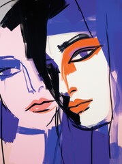A painting featuring the faces of two women depicted with different colors, reflecting contrasting personalities and emotions in a modern art style.