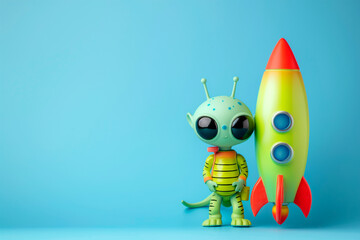 Green toy alien standing next to a toy rocket on a blue background, free space for text