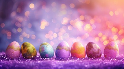 Banner colorful easter eggs on purple violet background with glitter, minimalist easter background, design, with copy space