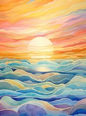 A painting depicting a vibrant sunset casting warm hues over the ocean, with the sun dipping below the horizon and reflecting off the water.